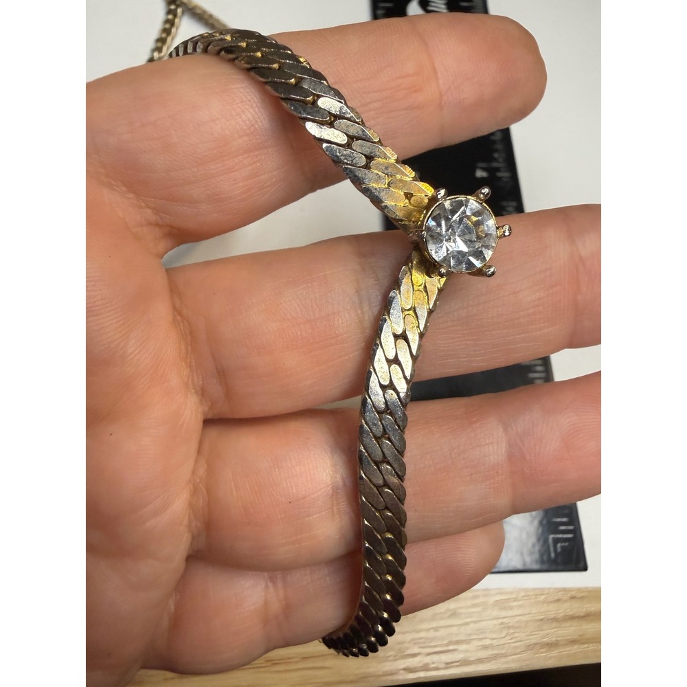 Vintage Gold Tone Herringbone V Necklace Round Clear Rhinestone Solitaire 18 In